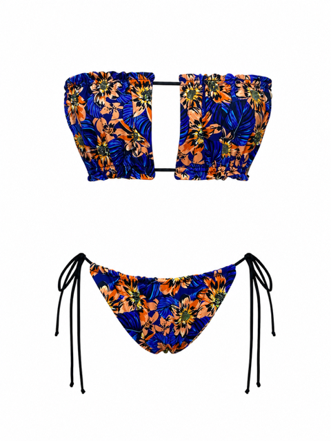 MADE FROM SCRAPS |  Bandeau String Bikini Set - Navy/Peach Floral Print